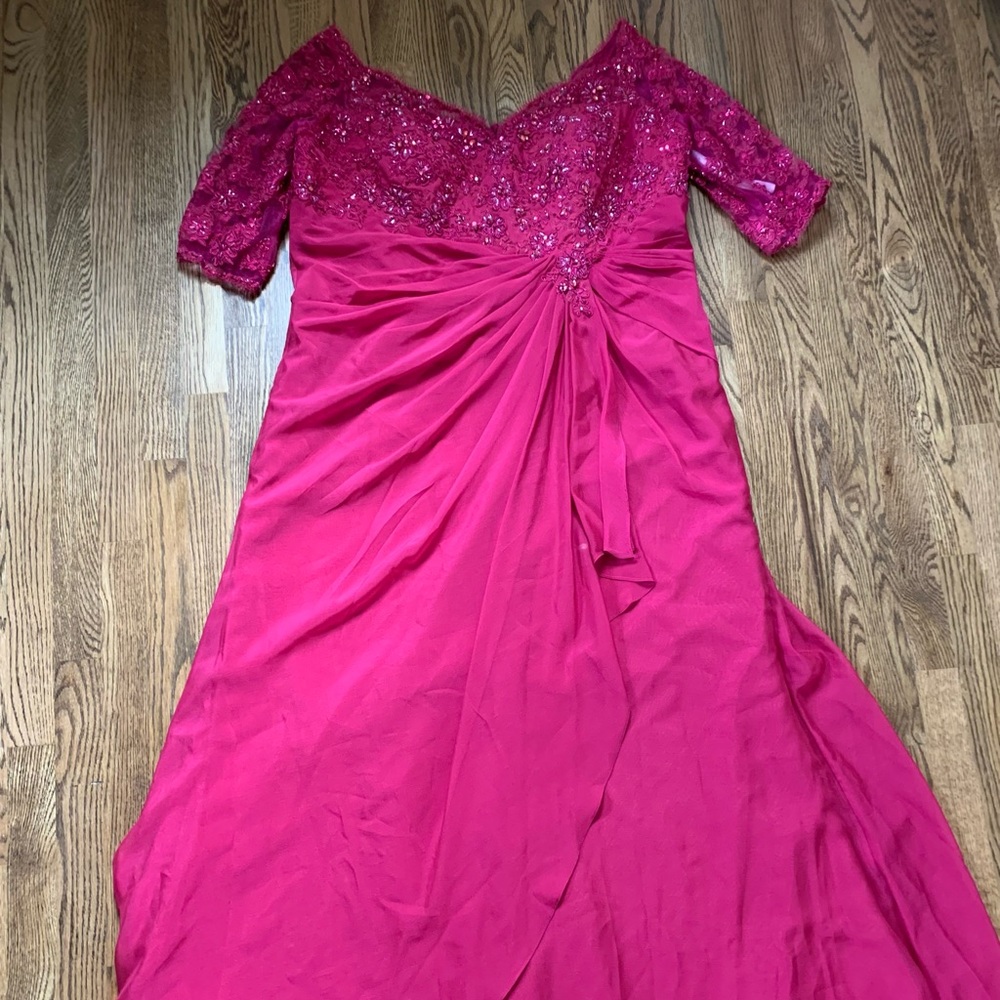 Mon Cheri Pink Ruched Off-Shoulder Gown
